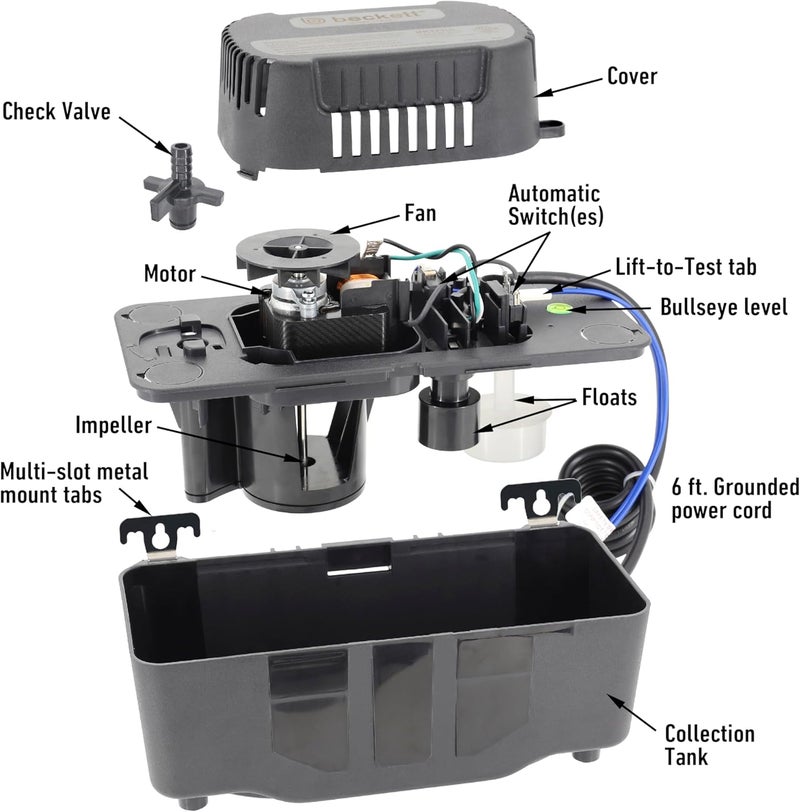Beckett BK171TUL Condensate Pump with Safety Switch, 115V, 17 ft Max Lift, 112 GPH, Automatic On/Off Operation, Black, and 20 ft of 3/8" vinly tubing - Image 4